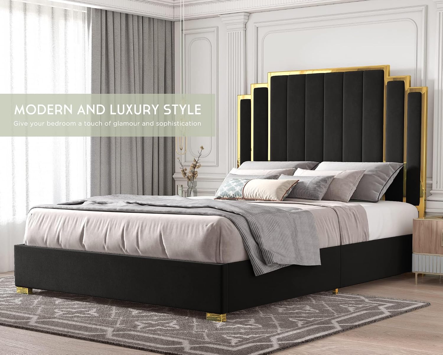 HOWE California King Size Bed Frame and 65' Headboard, Upholstered Bed with Golden Plating Trim, Modern Platform Bed No Box Spring Needed, Black