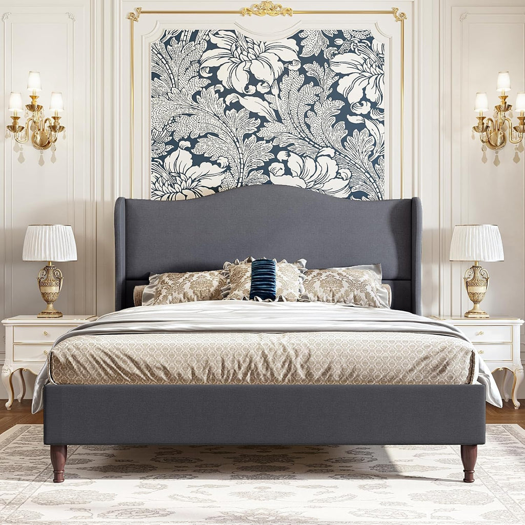 koorlian King Size Bed Frame Upholstered Platform Bed with 51' Tall Headboard Wingback, Soft Fabric, Retro Simple Style Platform Bed No Box Spring Needed, Easy Assembly, Grey