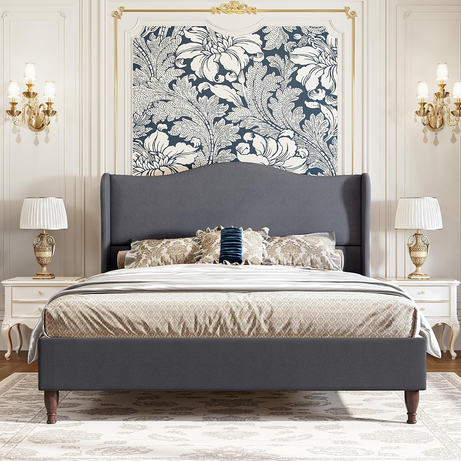koorlian King Size Bed Frame Upholstered Platform Bed with 51' Tall Headboard Wingback, Soft Fabric, Retro Simple Style Platform Bed No Box Spring Needed, Easy Assembly, Grey