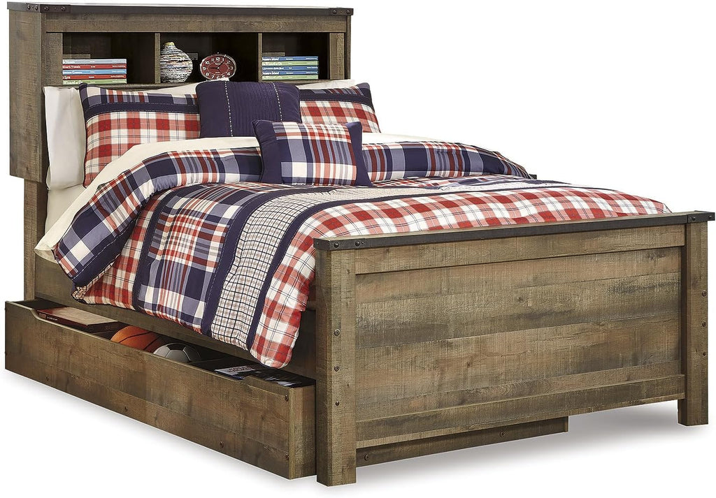 Signature Design by Ashley Trinell Rustic Bookcase Bed with Storage and Nailhead Accents, Foundation or Box Spring Not Needed, Full, Dark Brown
