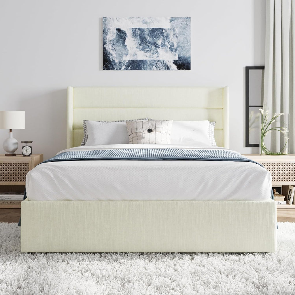 SHA CERLIN Queen Size Lift Up Storage Bed/Chenille Fabric Upholstered/Modern Wingback Headboard/Platform Bed Frame/Hydraulic Storage/No Box Spring Needed/Wood Slats Support/Cream