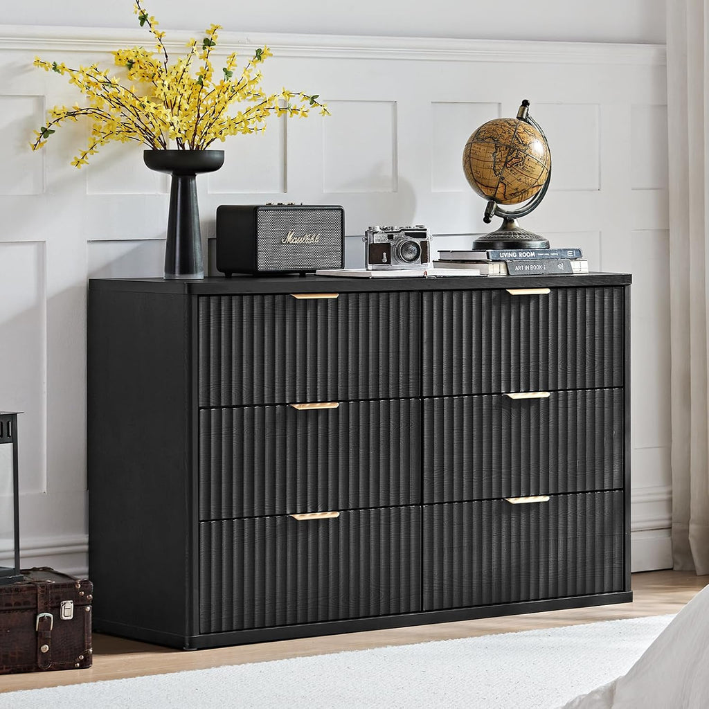 LEYAOYAO Fluted Dressers & Nightstand Set of 3, Wood 48' Wide Dresser & 42' Tall Chest of Drawers,Modern Bedroom Furniture Sets, Black Wooden Nightstand with 3 Drawers & Charging Station