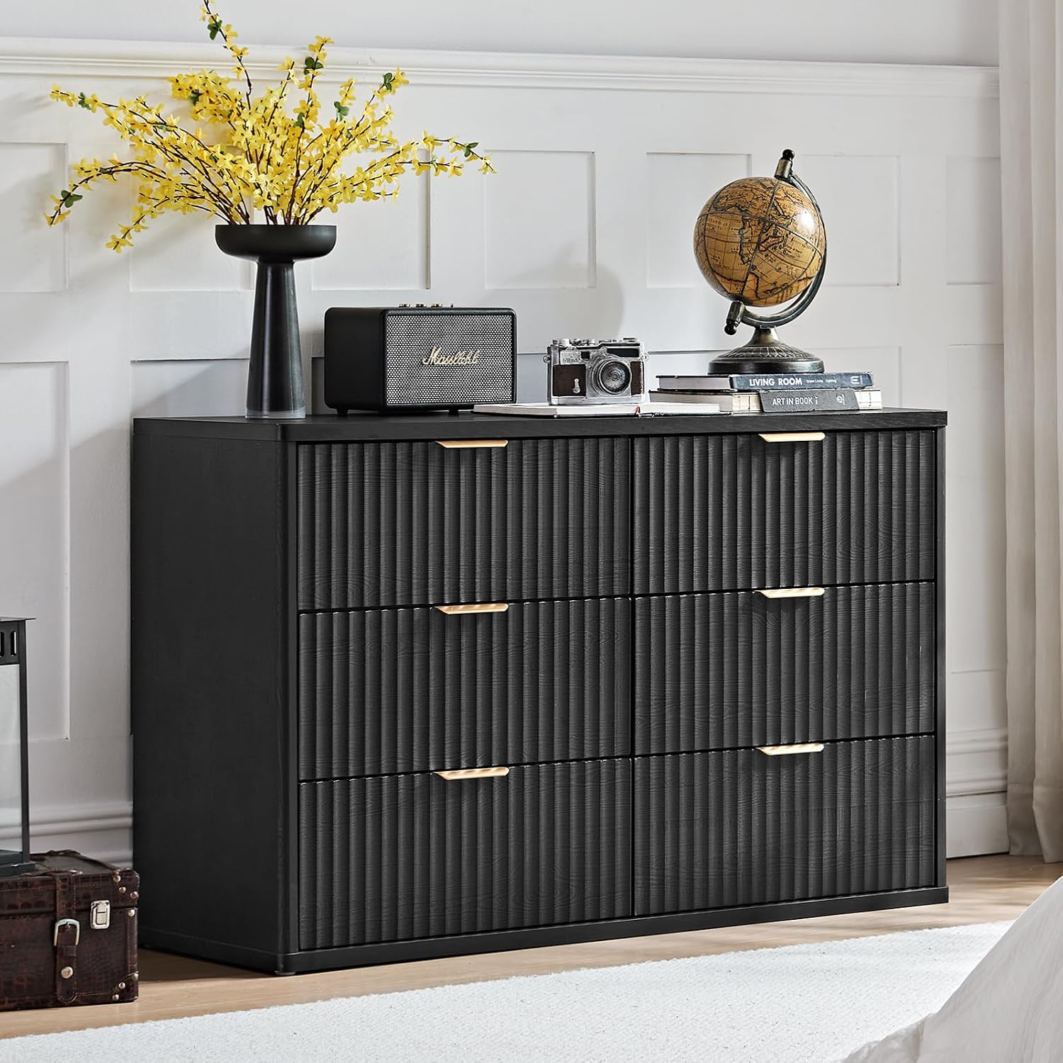 LEYAOYAO Fluted Dressers & Nightstand Set of 3, Wood 48' Wide Dresser & 42' Tall Chest of Drawers,Modern Bedroom Furniture Sets, Black Wooden Nightstand with 3 Drawers & Charging Station