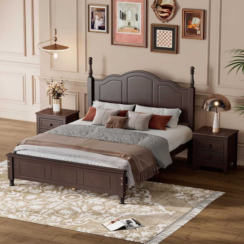 Merax 3 Pieces Modern Rustic Wood Bedroom Furniture Set with Full Size Bed Frame, 2 Night Stands with Drawers, Easy Assemble Dark Walnut