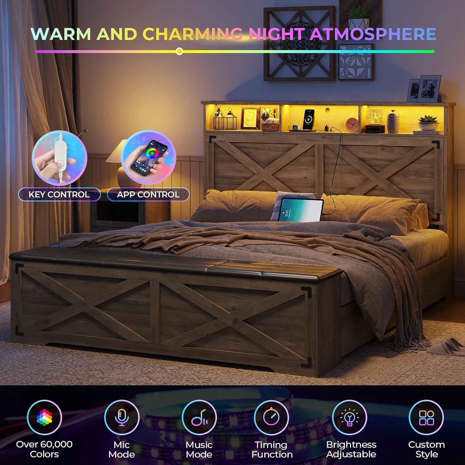DICTAC Farmhouse Queen Bed Frame with Storage Headboard and Charging Station Wood Platform Bed Frame Queen Size with Storage Ottoman and Led Lights,Metal Slats Support,No Box Spring Required,Oak Gray
