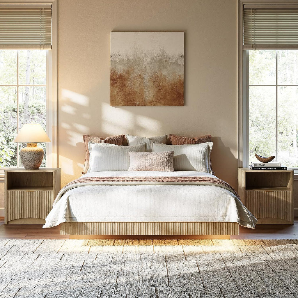 Evermagin Oak Queen Floating Bed Frame with led Lights, Bohemia Fluted 10 Inch High Floating Platform Bed No Headboard, Heavy Duty Metal Float Bedframe, No Box Spring Needed