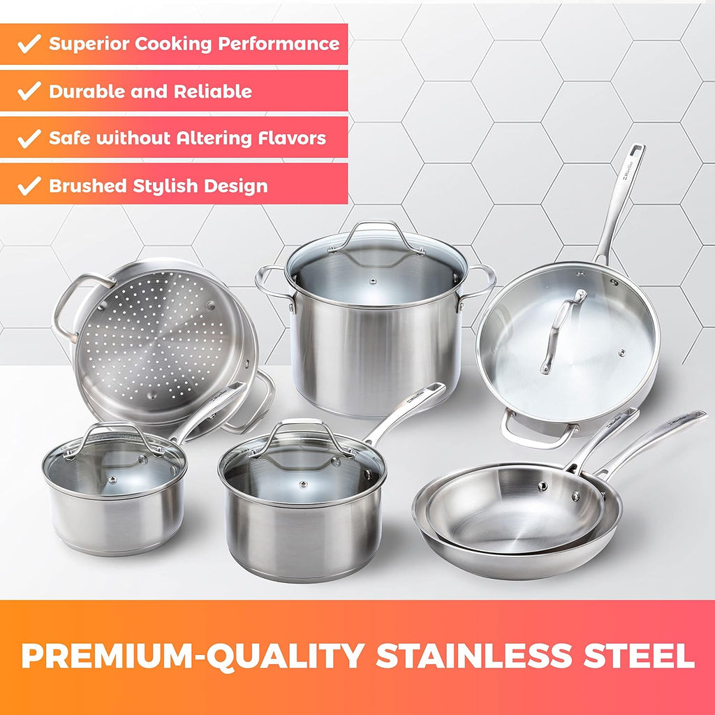 Mueller Pots and Pans Set 11-Piece, Ultra-Clad Pro Stainless Steel Cookware Set, Ergonomic and EverCool Stainless Steel Handle, Includes Saucepans, Skillets, Stockpot, Saute Pan, Steamer