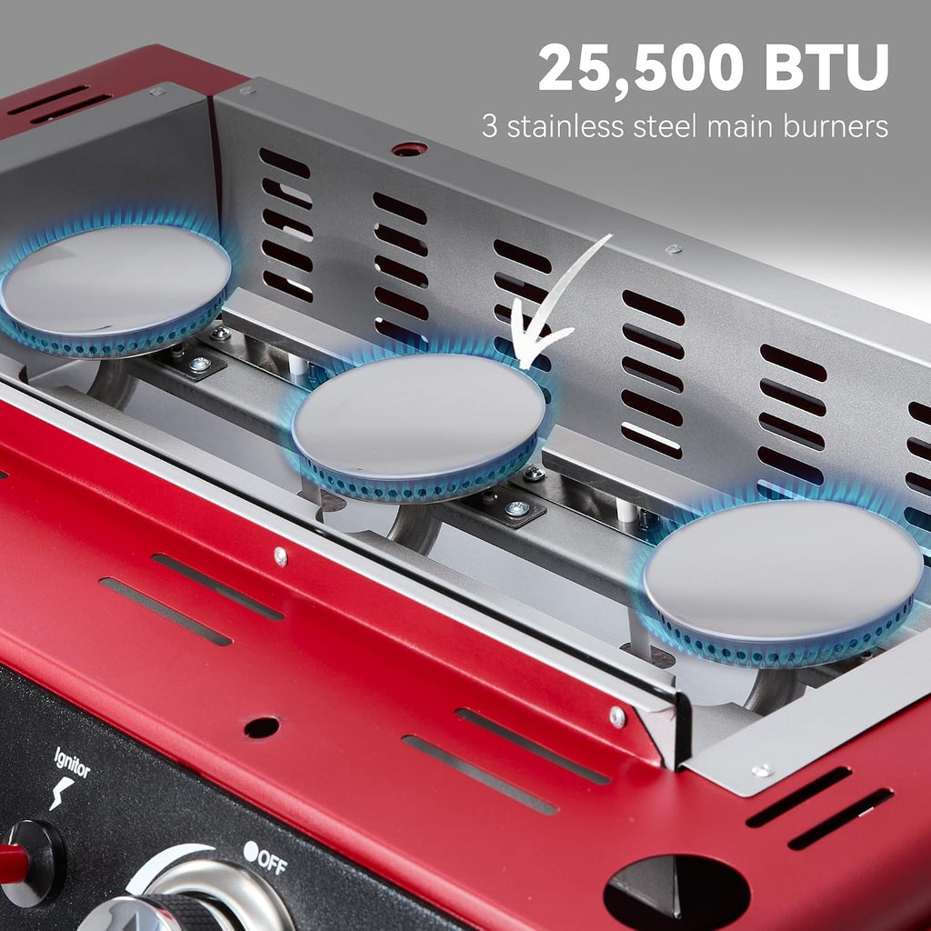 Royal Gourmet PD1301R 3 Burner Tabletop Propane Gas Griddle with Cover, 24 Inch Portable Griddle with 25,500 BTUs Output for Outdoor Cooking While Camping or Tailgating, Red