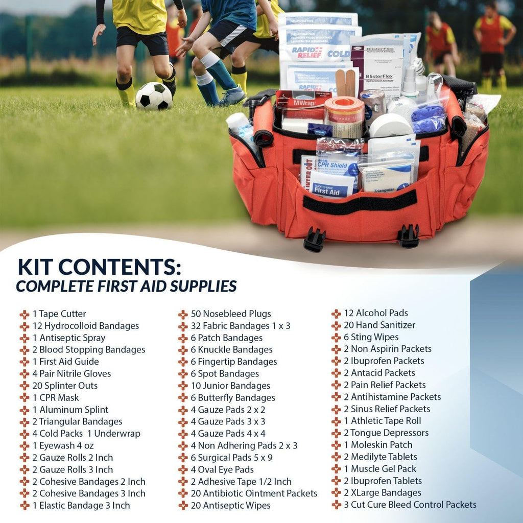 MFASCO Deluxe Trainers Sports First Aid Kit – 311-Piece Emergency Sports Kit – Athletic Medical Kit for Coaches, Soccer, Football & Outdoor Teams – Orange Bag with First Aid Supplies for Athletes