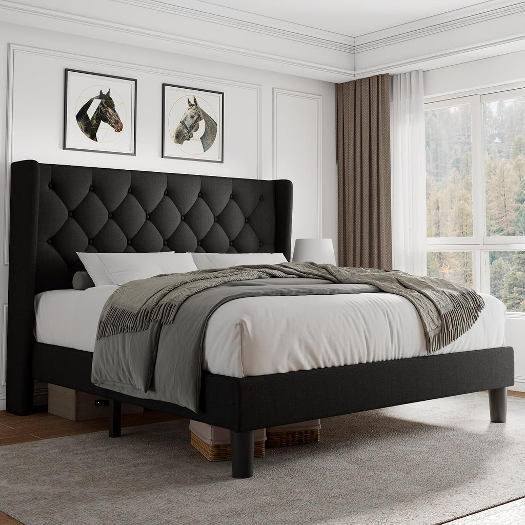 iPormis Queen Size Platform Bed Frame with Button Tufted Headboard, Upholstered Bed Frame with Solid Wooden Slats, 8' Underbed Space, No Box Spring Needed, Noise Free, Easy Assembly, Black