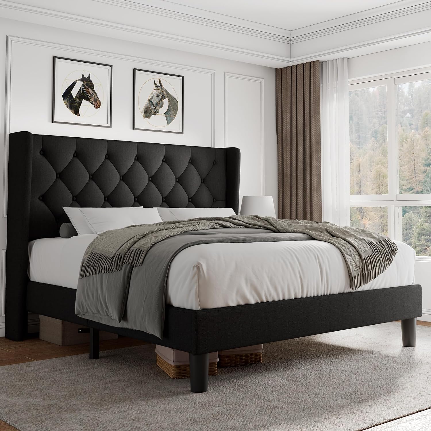iPormis Queen Size Platform Bed Frame with Button Tufted Headboard, Upholstered Bed Frame with Solid Wooden Slats, 8' Underbed Space, No Box Spring Needed, Noise Free, Easy Assembly, Black