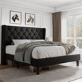 iPormis Full Size Platform Bed Frame with Button Tufted Headboard, Upholstered Bed Frame with Solid Wooden Slats, 8' Underbed Space, No Box Spring Needed, Noise Free, Easy Assembly, Black