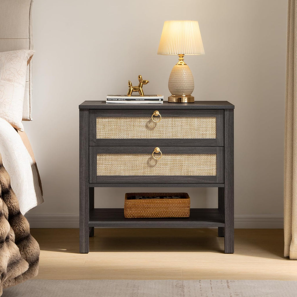 SICOTAS Night Stands Set of 2 for Bedroom, Large Bedside Tables with Drawer & Open Shelf, Wide Boho Rattan Nightstand Set Narrow Side Table for Master Bedroom