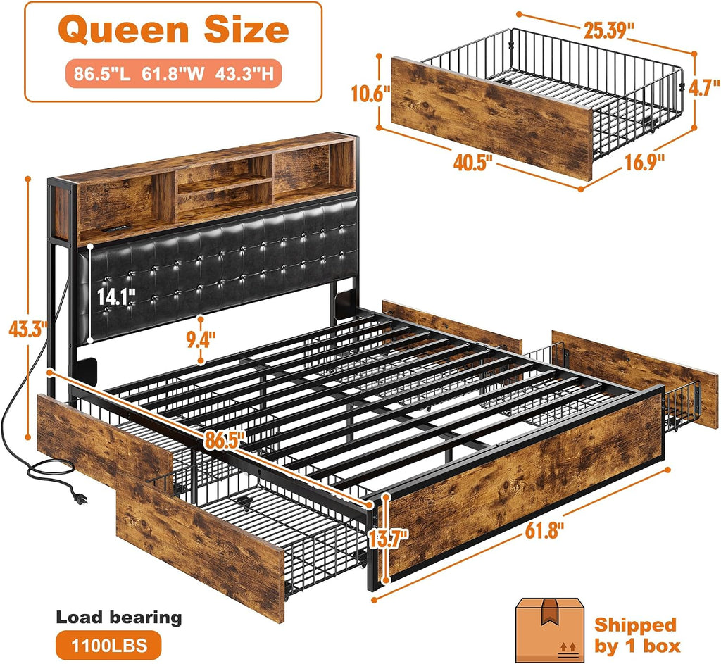 EnHomee Queen Bed Frame with 4 Storage Drawers, Bed Frame Queen Size with Upholstered Headboard and Built in Charging Station, No Noise, Metal Support, No Box Spring Needed,Vintage Brown