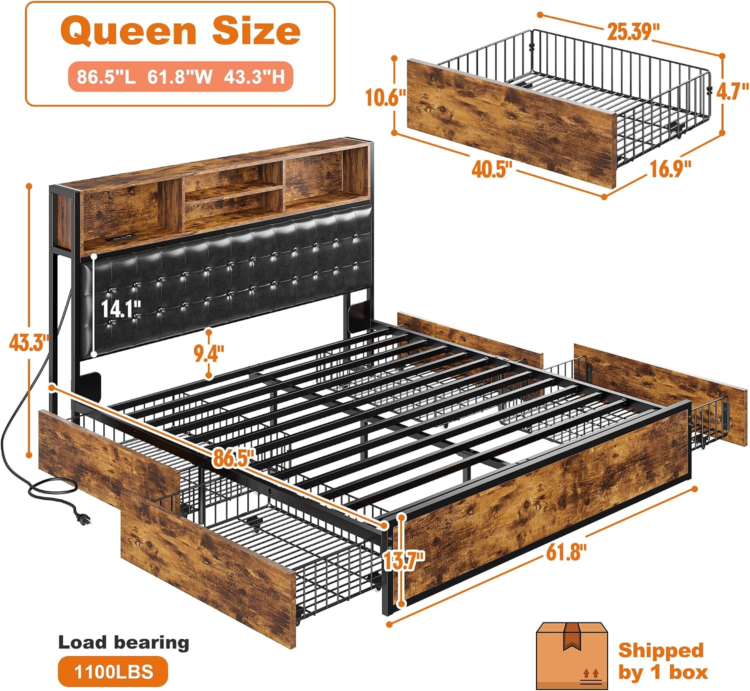 EnHomee Queen Bed Frame with 4 Storage Drawers, Bed Frame Queen Size with Upholstered Headboard and Built in Charging Station, No Noise, Metal Support, No Box Spring Needed,Vintage Brown