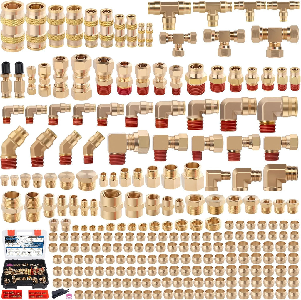 250 Pcs Brass DOT Air Brake Line Fittings & Air Nylon Tube Compression Fittings Assortment Kits,1/4' 1/8' 3/8' 1/2' 5/8' 3/4' NPT Push To Connect Fittings Quick Connect Air Hose Fittings