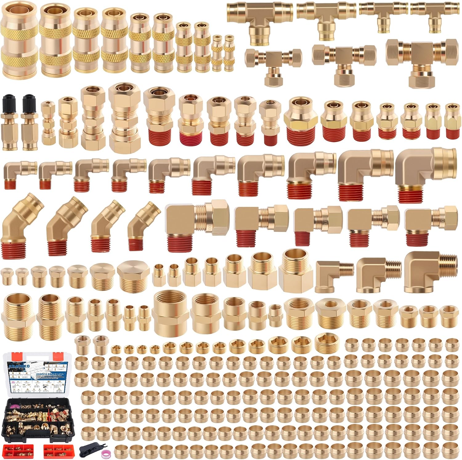 250 Pcs Brass DOT Air Brake Line Fittings & Air Nylon Tube Compression Fittings Assortment Kits,1/4' 1/8' 3/8' 1/2' 5/8' 3/4' NPT Push To Connect Fittings Quick Connect Air Hose Fittings