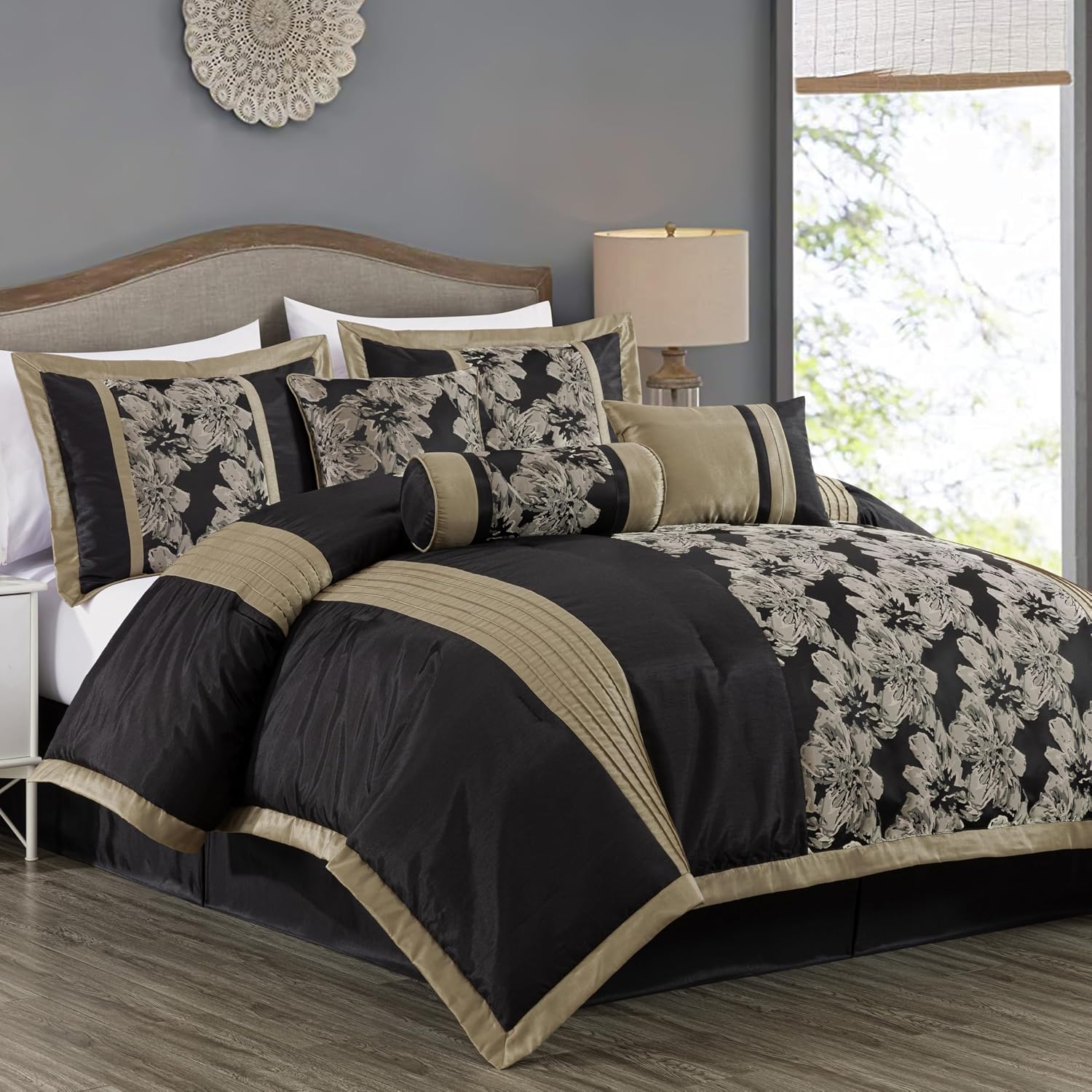 Chezmoi Collection Kelsey Comforter Set King Size, 7-Piece Black Gold Hibiscus Floral Jacquard Bedding Set