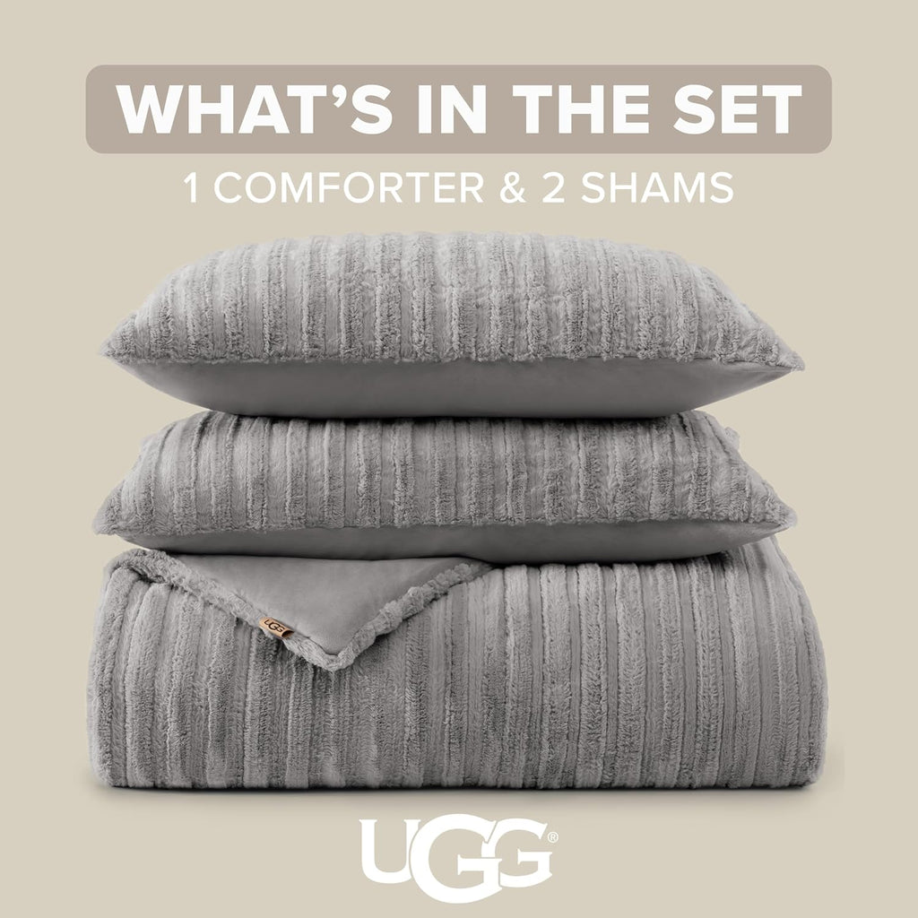 UGG Kenzie Comforter Set with 2 Pillow Shams Plush Faux Fur Bedding Soft Warm Down Alternative Comforter Washable Hypoallergenic Fluffy Blanket Set for Bedroom, King/California King Size, Seal