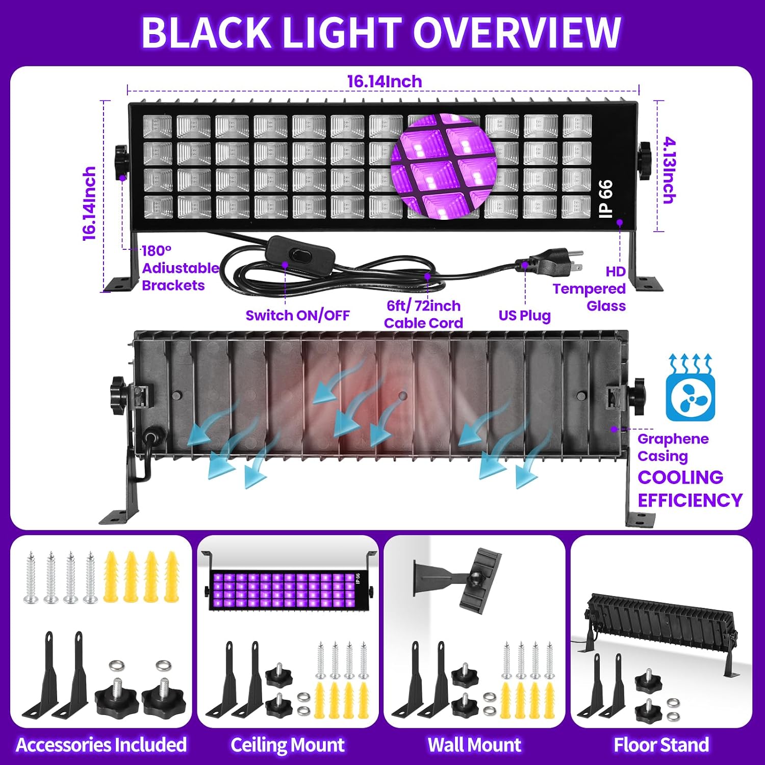 6 Pack 120W LED Black Lights, Blacklight Bar Light Up to 5000ft² Area with Switch+Plug+6ft Cable, Glow Party Light Supply for Halloween, Fluorescent Poster, Body Paint, Birthday, Bedroom, Classroom