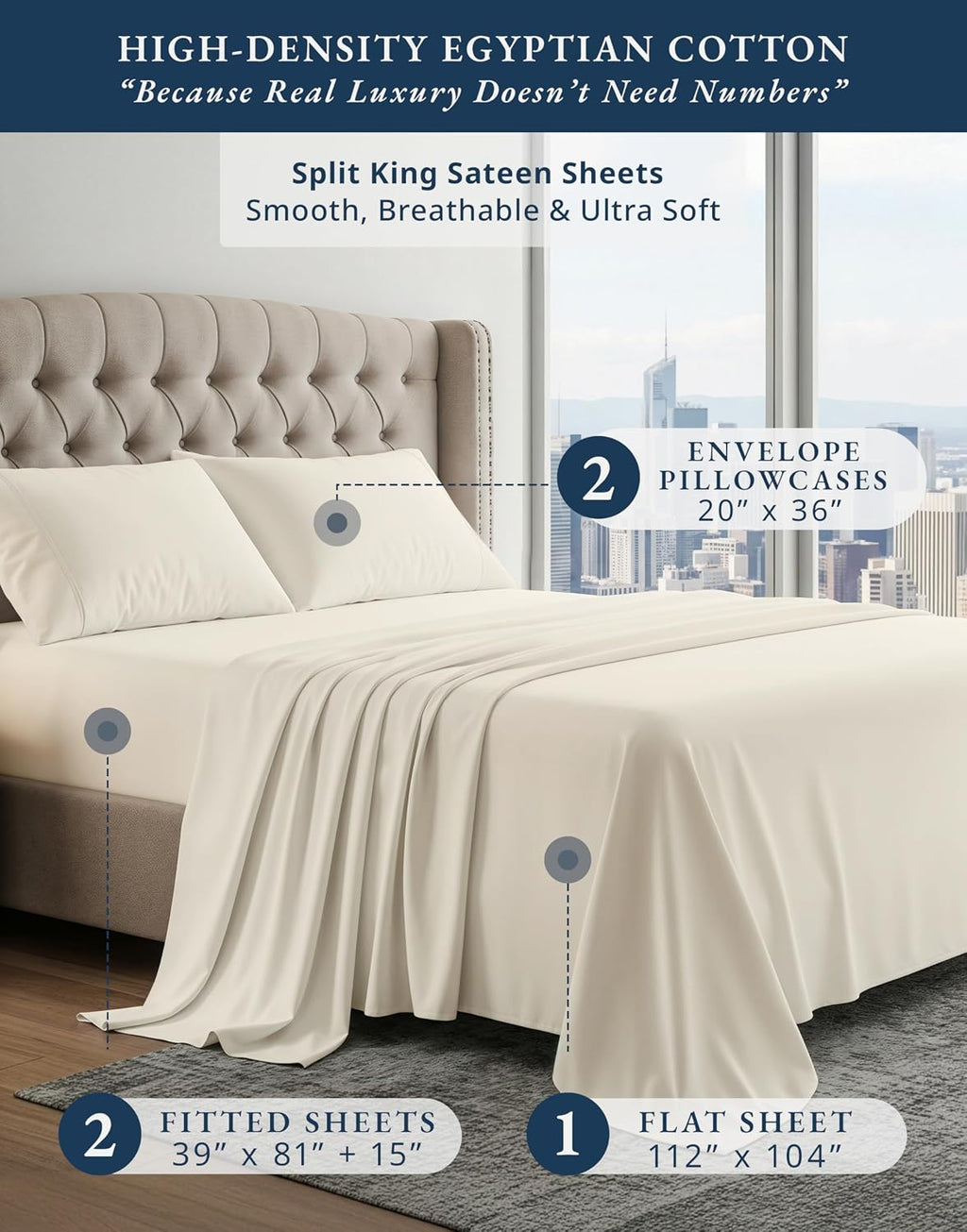 LANE LINEN 100% Egyptian Cotton Split King Bed Sheets for Adjustable Beds Soft & Comfy Sateen Weave for Silky Smooth Finish, Available in Variety of Colors - Ivory