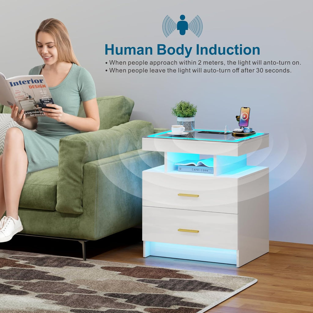 Smart LED Nightstand Set of 2 - with - Modern Night Stand with Wireless Charging Station, Glass Top Bedside Table with Drawers for Bedroom, Glossy End Table with Human Body Induction (White)