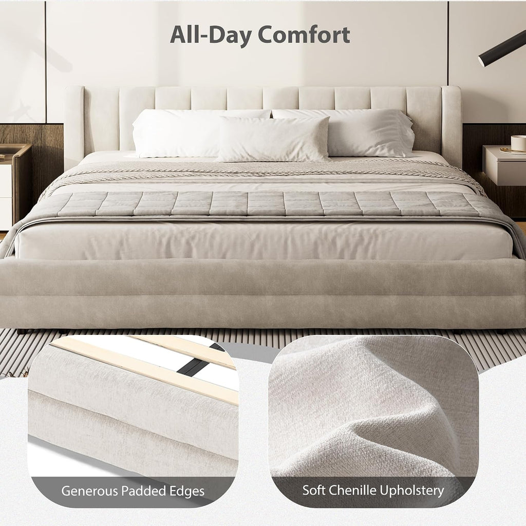 DEINPPA King Size Bed Frame with 4 Storage Drawers and Cloud Soft Headboard, Chenille Upholstered Grounded Wood Base Bed Frame, No Box Spring Needed-Beige
