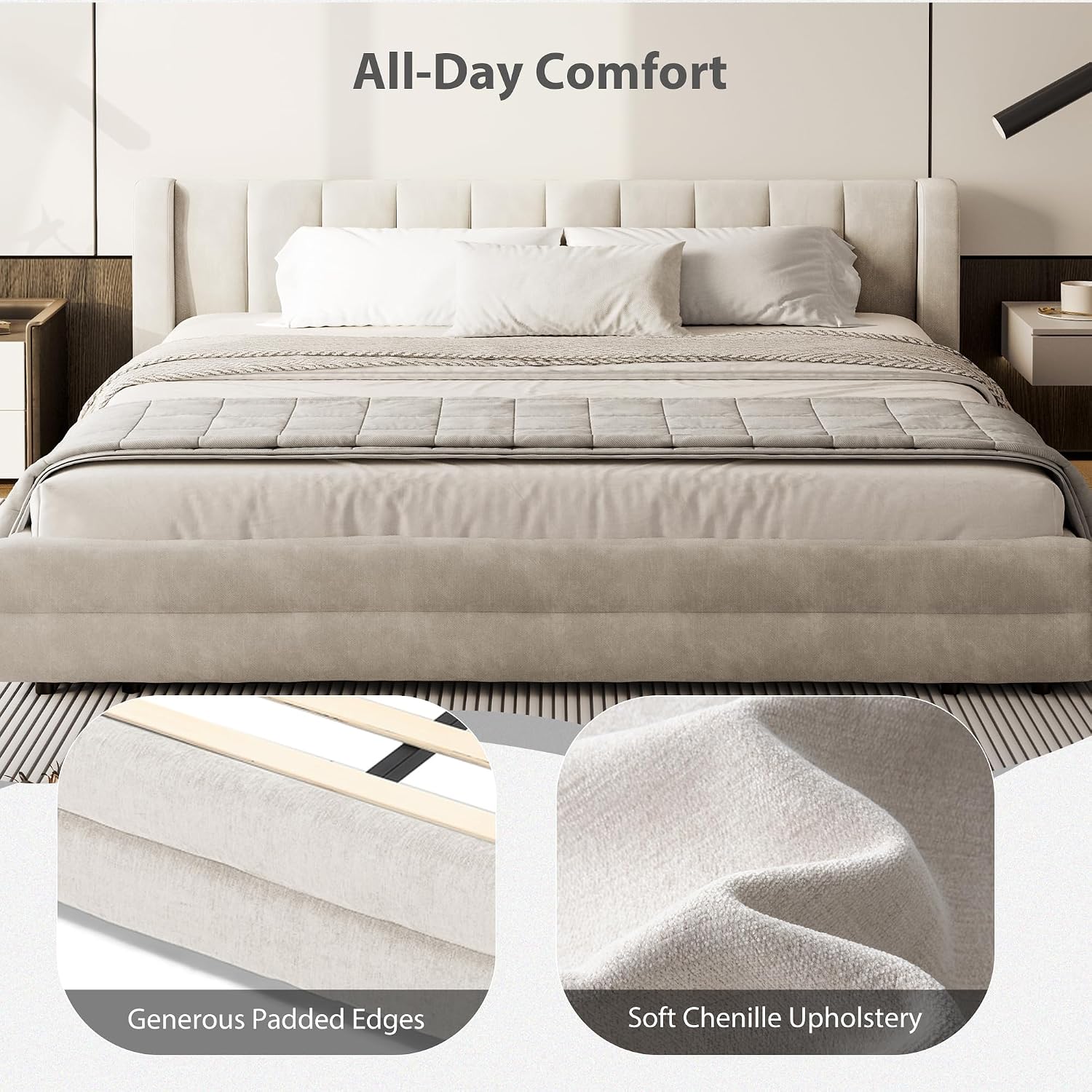 DEINPPA King Size Bed Frame with 4 Storage Drawers and Cloud Soft Headboard, Chenille Upholstered Grounded Wood Base Bed Frame, No Box Spring Needed-Beige
