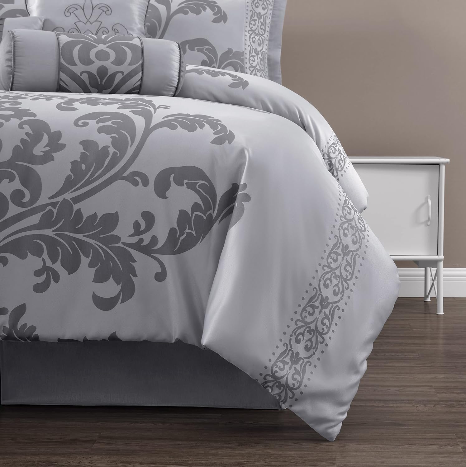Chezmoi Collection Royale 7-Piece Jacquard Floral Comforter Set, Oversized King, Silver/Gray