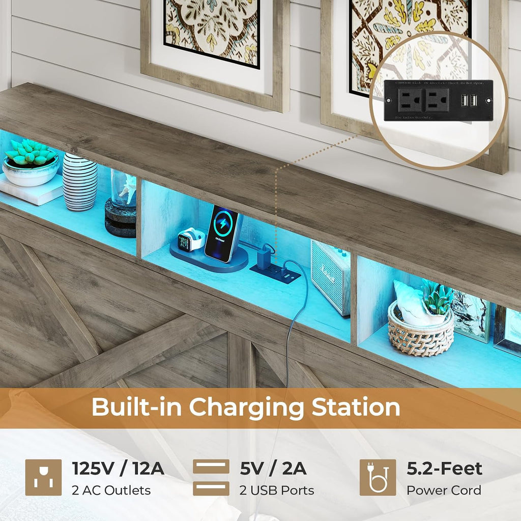 DICTAC Farmhouse Queen Bed Frame with Storage Headboard and Charging Station Wood Platform Bed Frame Queen Size with Storage Ottoman and Led Lights,Metal Slats Support,No Box Spring Required,Oak Gray