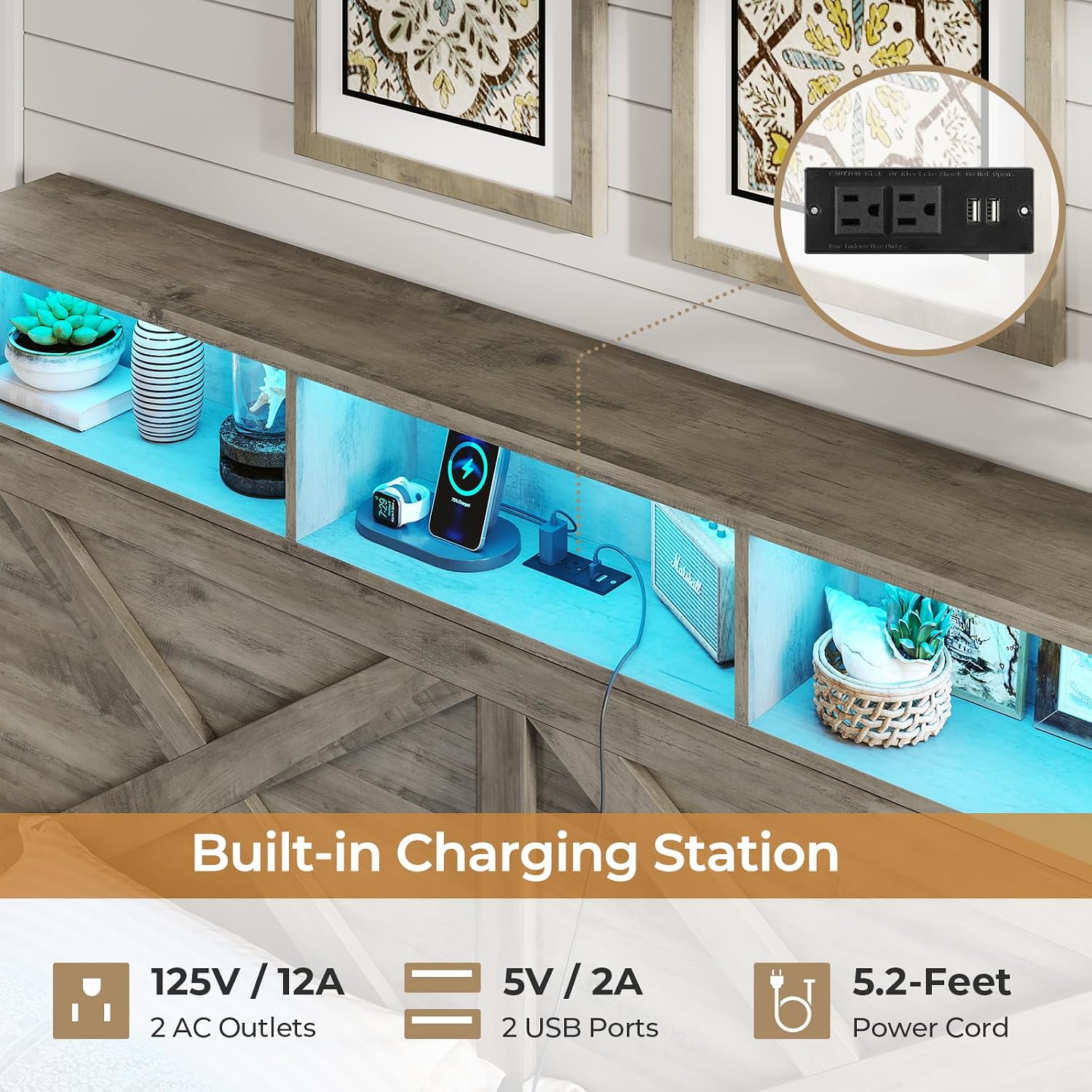 DICTAC Farmhouse Queen Bed Frame with Storage Headboard and Charging Station Wood Platform Bed Frame Queen Size with Storage Ottoman and Led Lights,Metal Slats Support,No Box Spring Required,Oak Gray