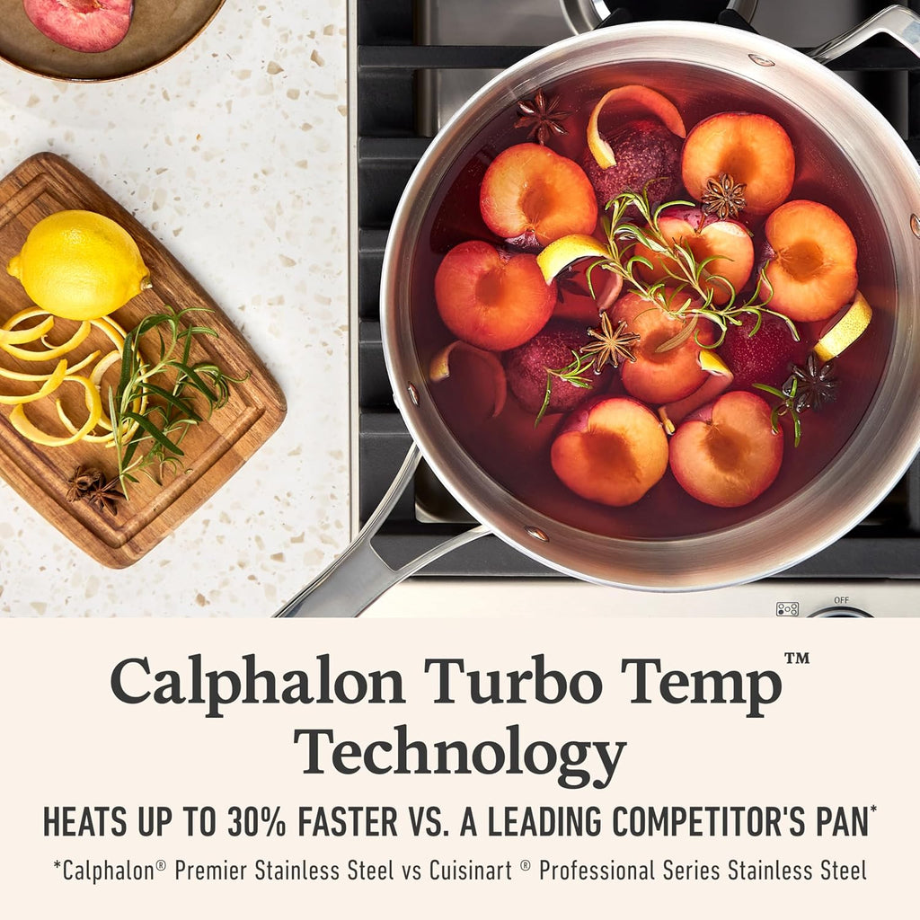 Calphalon Premier Polished 5-Ply Stainless Steel Cookware Set w/Turbo Heat Tech 4.5Qt Chef's Pan with Lid, Induction, Oven Safe 500F, PFOA Free, Polished Stainless Silver
