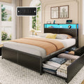 Rolanstar Full Size Bed Frame with 4 Storage Drawers & 2-Tier Storage Headboard, Metal Platform Bed Frame with Charging Station & LED Lights, Noise-Free, No Box Spring Needed, Easy Assembly, Black Oak