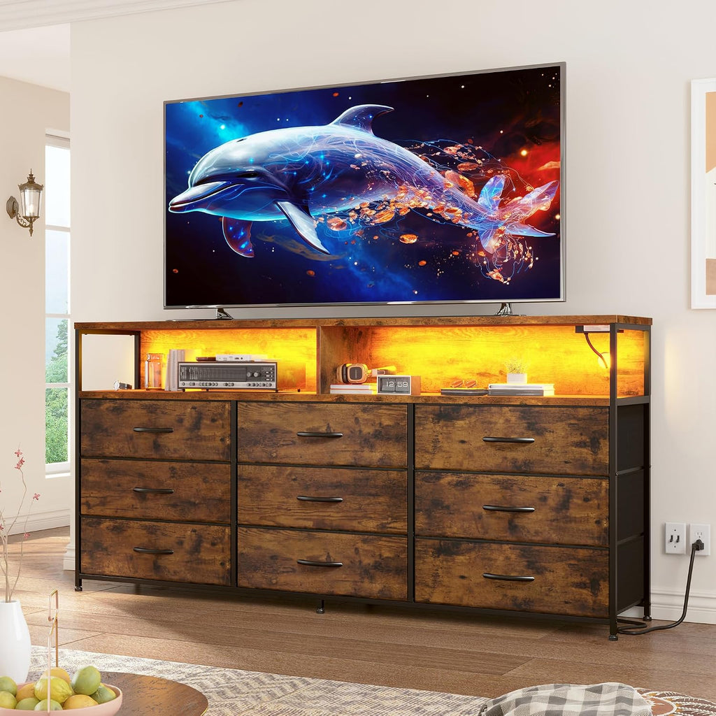 EnHomee 55' W Dresser for Bedroom with Charging Station & LED, 65/55 Inch TV Stand with 9 Fabric Drawers, Sturdy Dressers & Chest of Drawers with 2 Wood Storage Open Shelves,Entryway, Rustic Brown