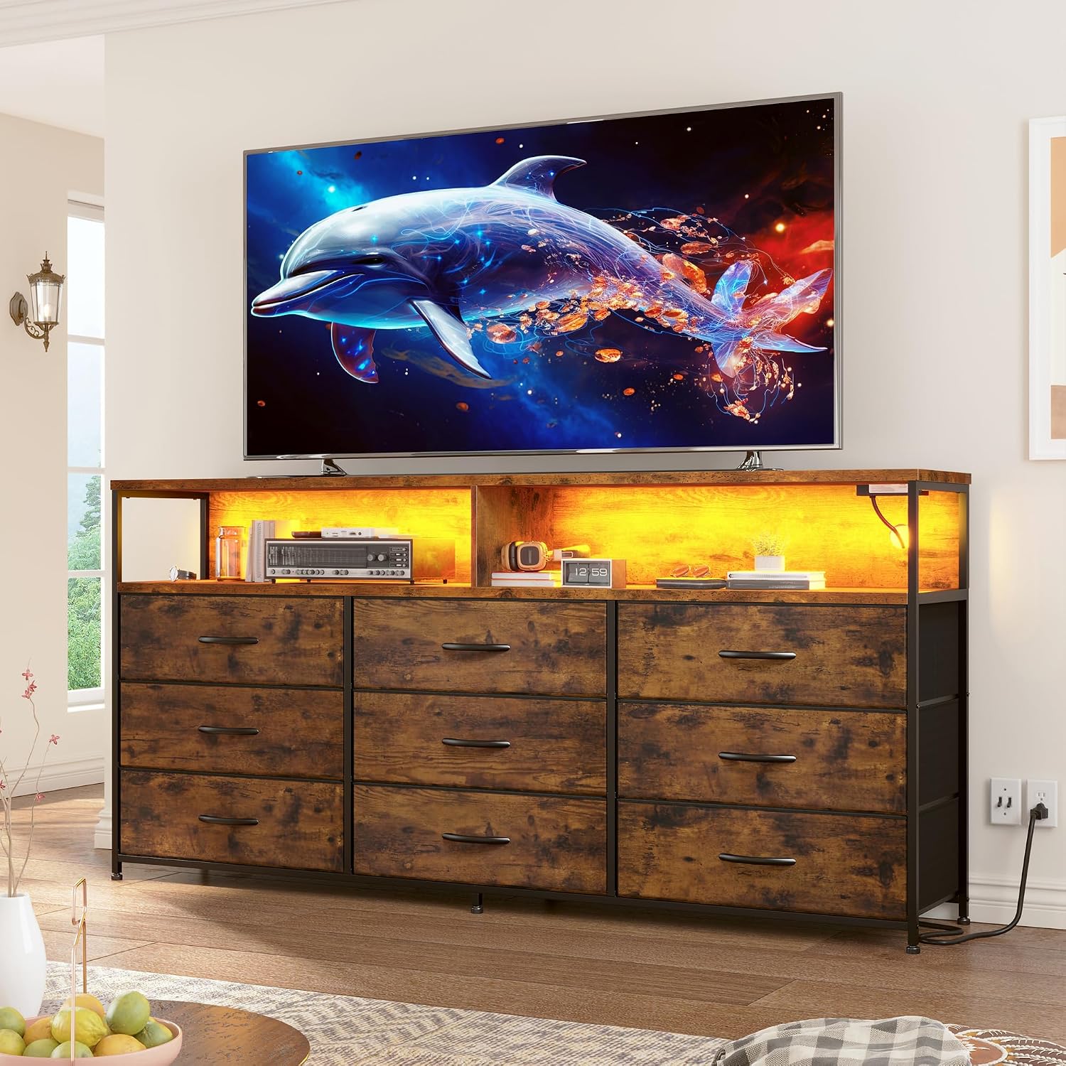 EnHomee 55' W Dresser for Bedroom with Charging Station & LED, 65/55 Inch TV Stand with 9 Fabric Drawers, Sturdy Dressers & Chest of Drawers with 2 Wood Storage Open Shelves,Entryway, Rustic Brown