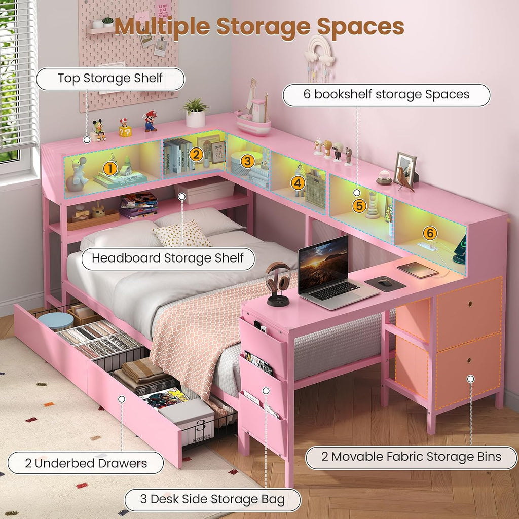 Hasuit Twin Corner Bed with Desk and Storage Bookcase, Daybed with 2 Drawers & 2 Storage Bins, Twin Size Platform Bed Frame with Charging Station and LED Light, Modern Teenagers Bedframe, Pink