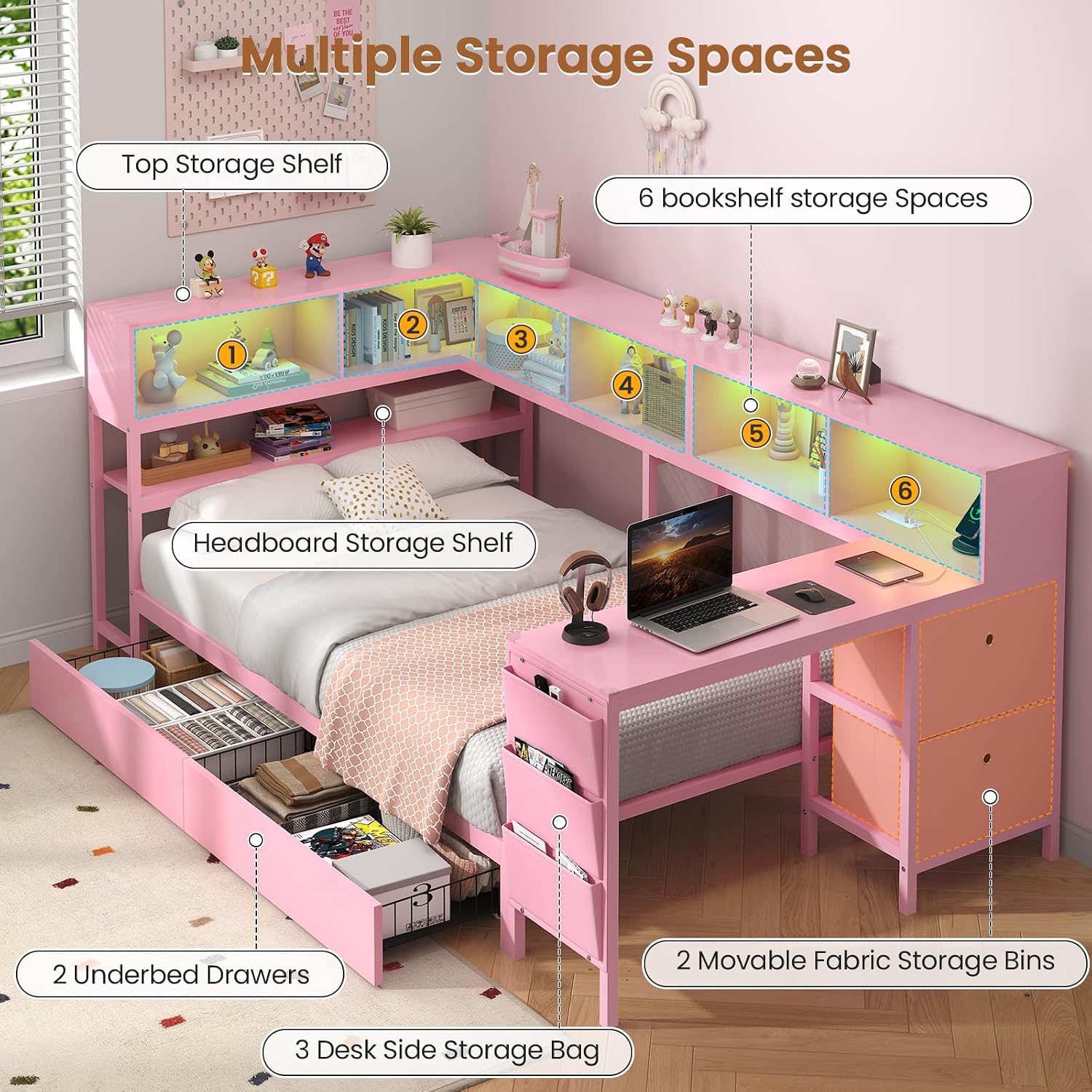 Hasuit Twin Corner Bed with Desk and Storage Bookcase, Daybed with 2 Drawers & 2 Storage Bins, Twin Size Platform Bed Frame with Charging Station and LED Light, Modern Teenagers Bedframe, Pink