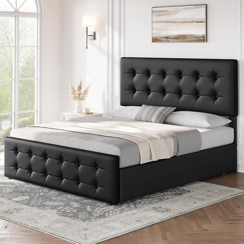 IDEALHOUSE Full Size Bed Frame with 4 Storage Drawers and Headboard, Faux Leather Upholstered Platform Bed Frame with Wooden Slats Support, Button Tufted Design, No Box Spring Needed, Black