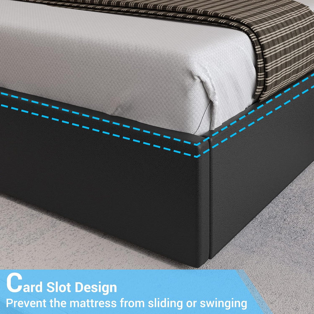 DICTAC Queen Bed Frame with Headboard and 4 Storage Drawers, Modern Faux Leather Upholstered Platform Bed Frame Queen Size with LED Lights and USB Ports, No Box Spring Needed, Black