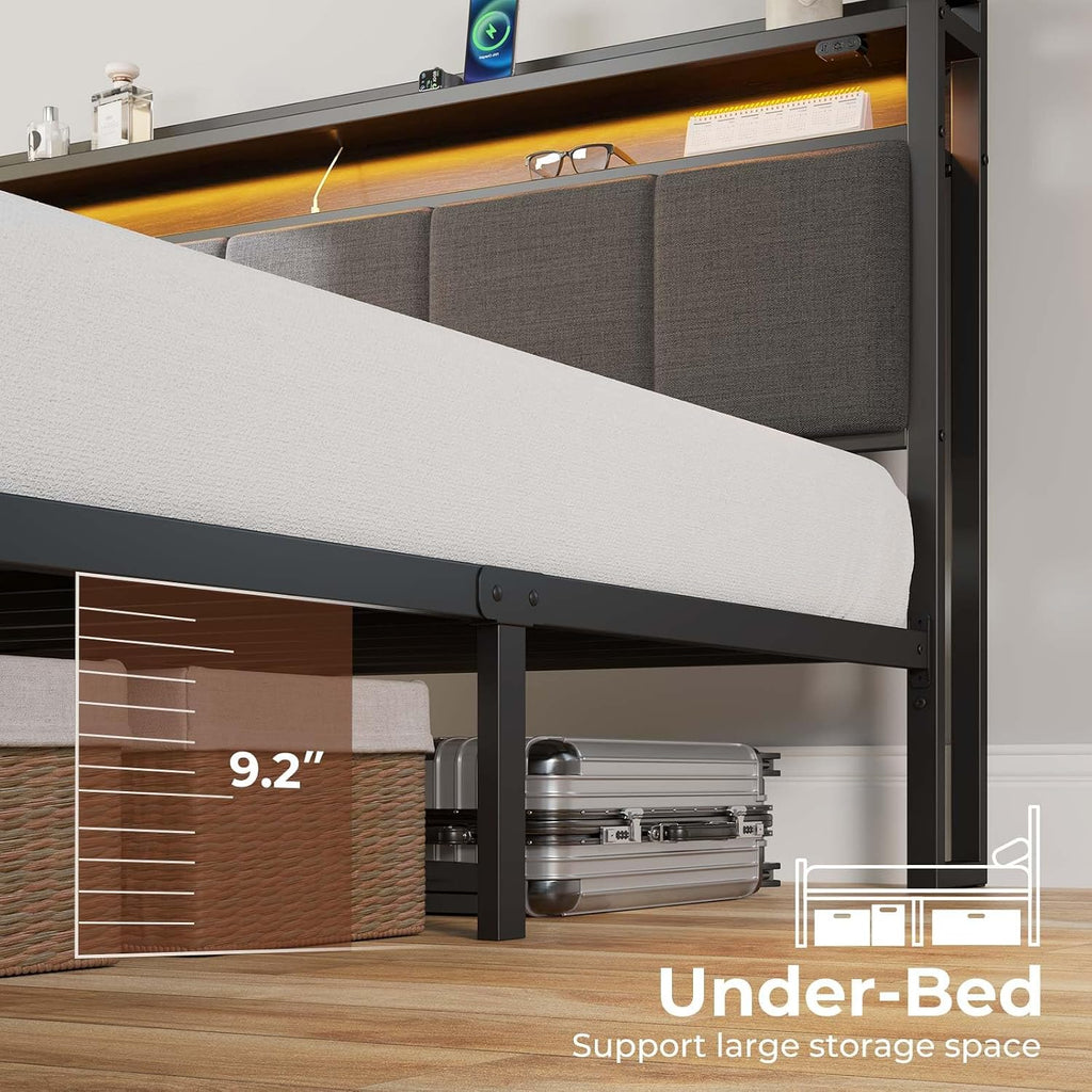 Rolanstar Bed Frame Twin Size with Charging Station and LED Lights, Upholstered Headboard with Storage Shelves, Heavy Duty Metal Slats, No Box Spring Need, Noise Free, Easy Assembly, Dark Grey