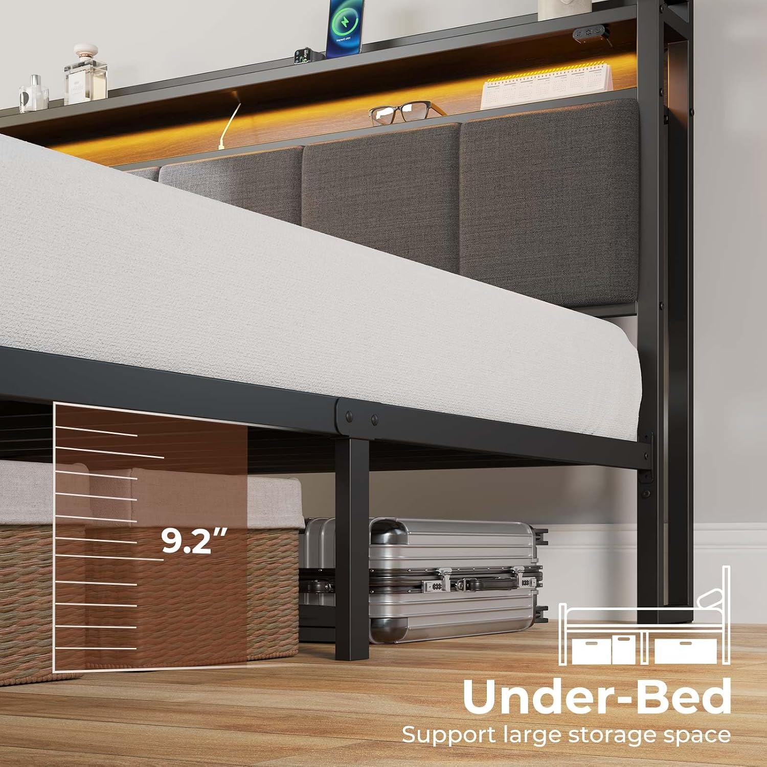 Rolanstar Bed Frame Twin Size with Charging Station and LED Lights, Upholstered Headboard with Storage Shelves, Heavy Duty Metal Slats, No Box Spring Need, Noise Free, Easy Assembly, Dark Grey