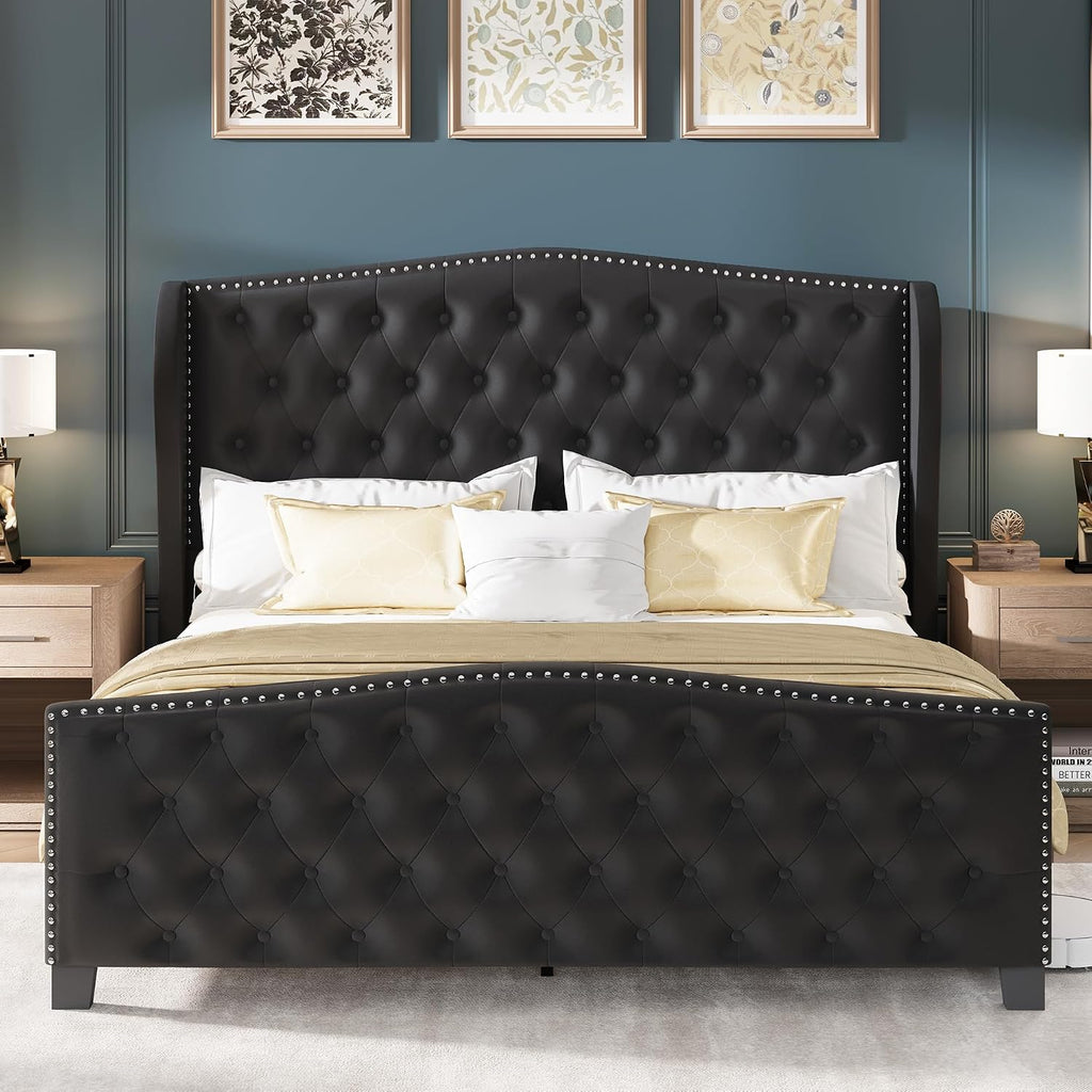 LARMACE Queen Size Bed Frame Velvet Upholstered Platform Bed with Wingback Headboard & Footbaord, Deep Button Tufted Bed Frame with Wood Slats Support, No Box Spring Needed, Black