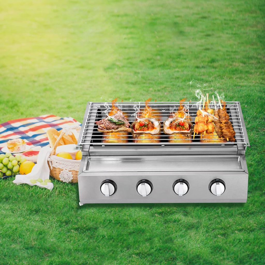 22'' Tabletop Grill Commercial LPG Gas BBQ Grill w/ 4 Burners Portable Gas Barbecues Griddle w/ 4 Independent Switches Gas Grill Griddle for Parties, Backyard barbecue, Camping or Picnicking