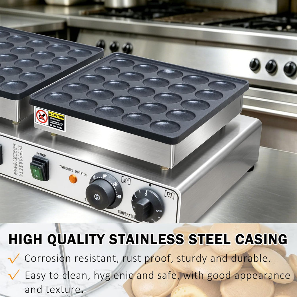 1900W Commercial 50PCS Mini Dutch Pancake Maker 110V, Dual-Zone Heating with Temp & Timer Control, Non-Stick Easy-Clean Teflon Plates, Heavy-Duty Stainless Steel Body for Home & Restaurant Use