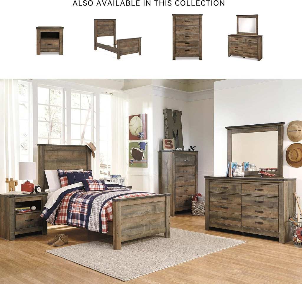 Signature Design by Ashley Trinell Casual Twin Panel Bed with Metal Slats and Nailheads, Foundation or Box Spring Needed, Dark Brown