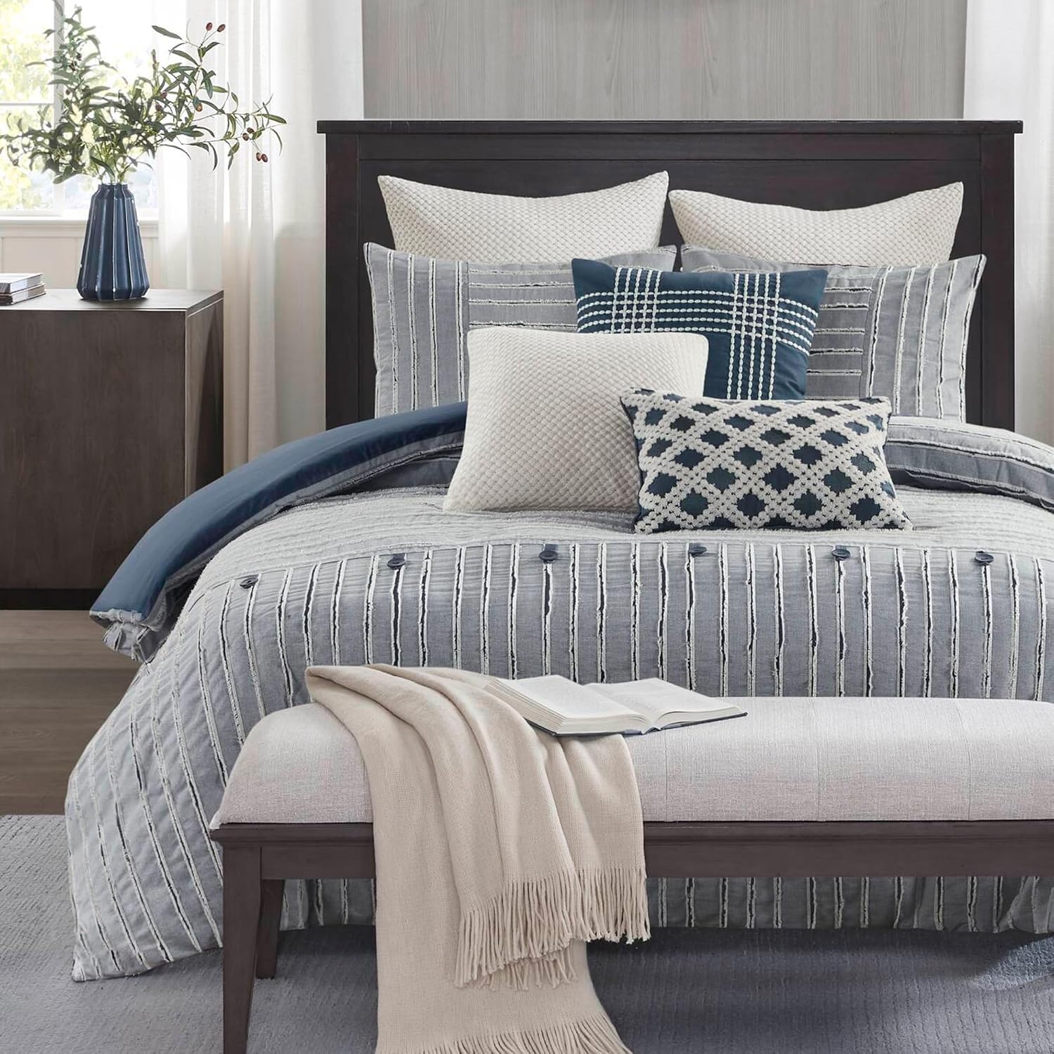 Madison Park Comforter Cotton Clipped Jacquard, Oversized Comforters King Size Bed, All Season Down Alternative Overfilled King Size Comforter, Essence, King/Cal King, Blue 9 Piece