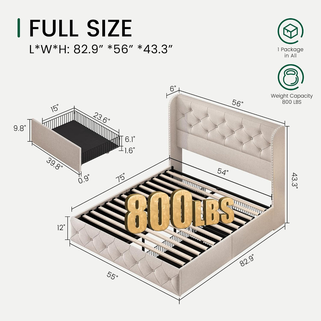LARMACE Full Size Bed Frame with 4 Storage Drawers and Wingback Headboard Linen Upholstered Platform Bed Frame Tufted Beds with Wooden Slats Support, Easy Assembly, Beige