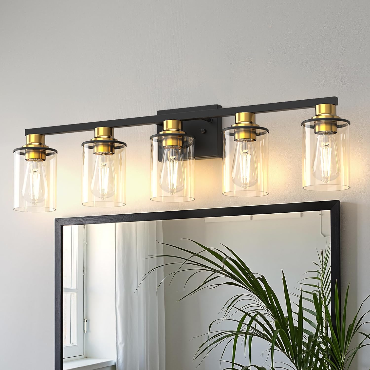 DORESshop Bathroom Light Fixtures, 5-Light Gold and Black Bathroom Lighting Fixtures Over Mirror with Clear Glass Shade, Vanity Lights for Hallway Living Room Bedroom