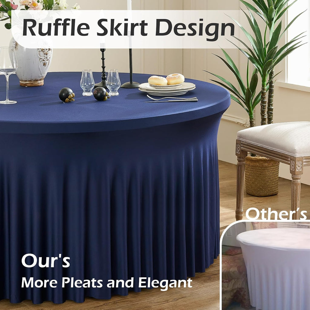 6 pk Navy Blue Round Spandex Tablecloths 60 in with Ruffled Skirt,Wrinkle Free High-Stretch 120 inch Table Cloth Round Fitted 5ft Tables,Spandex Table Covers 5ft for Forest Party Wedding Banquet