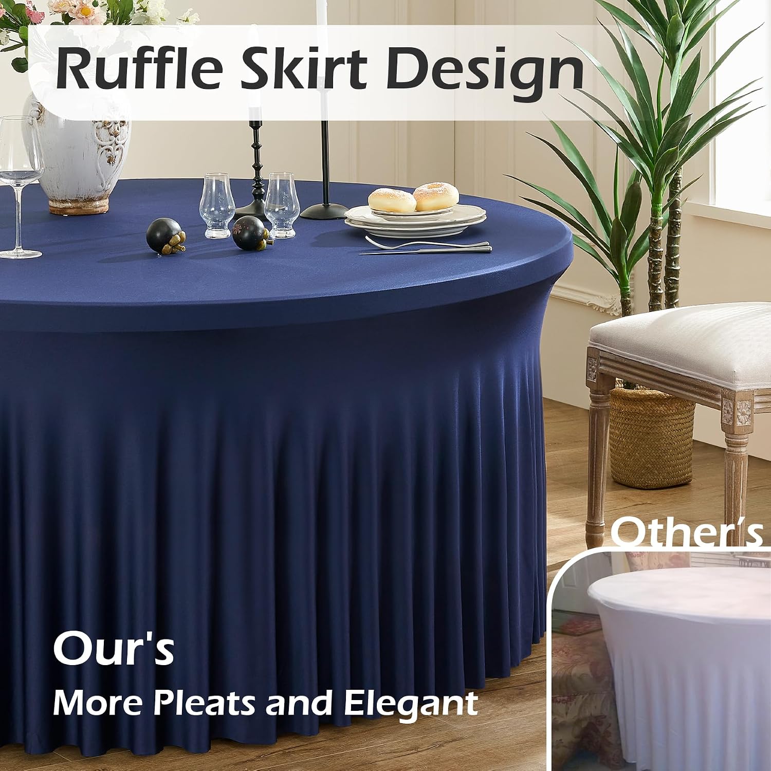 6 pk Navy Blue Round Spandex Tablecloths 60 in with Ruffled Skirt,Wrinkle Free High-Stretch 120 inch Table Cloth Round Fitted 5ft Tables,Spandex Table Covers 5ft for Forest Party Wedding Banquet